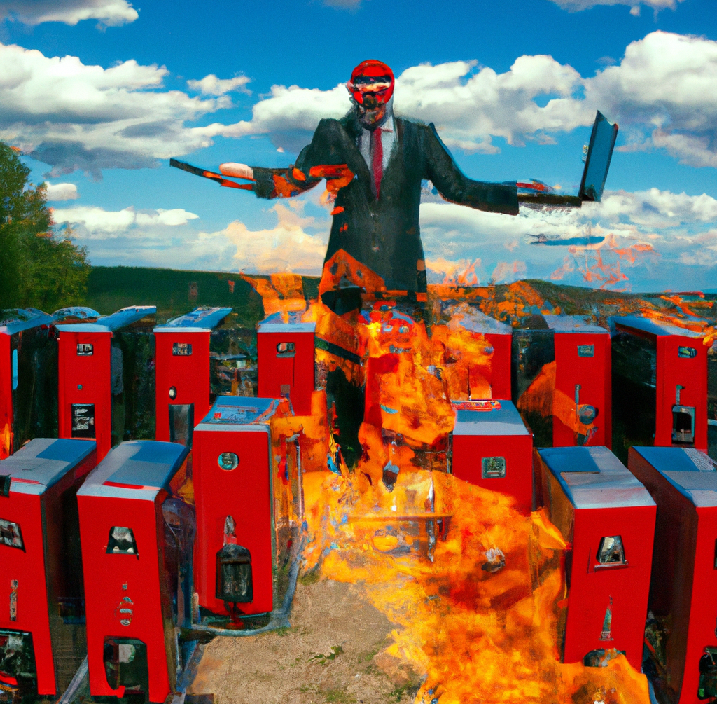 DALL·E 2023 09 02 12.45.47 A bunch of computers on Fire and a Technician in full suit and black sunglasses is using a fire extinguisher on it
