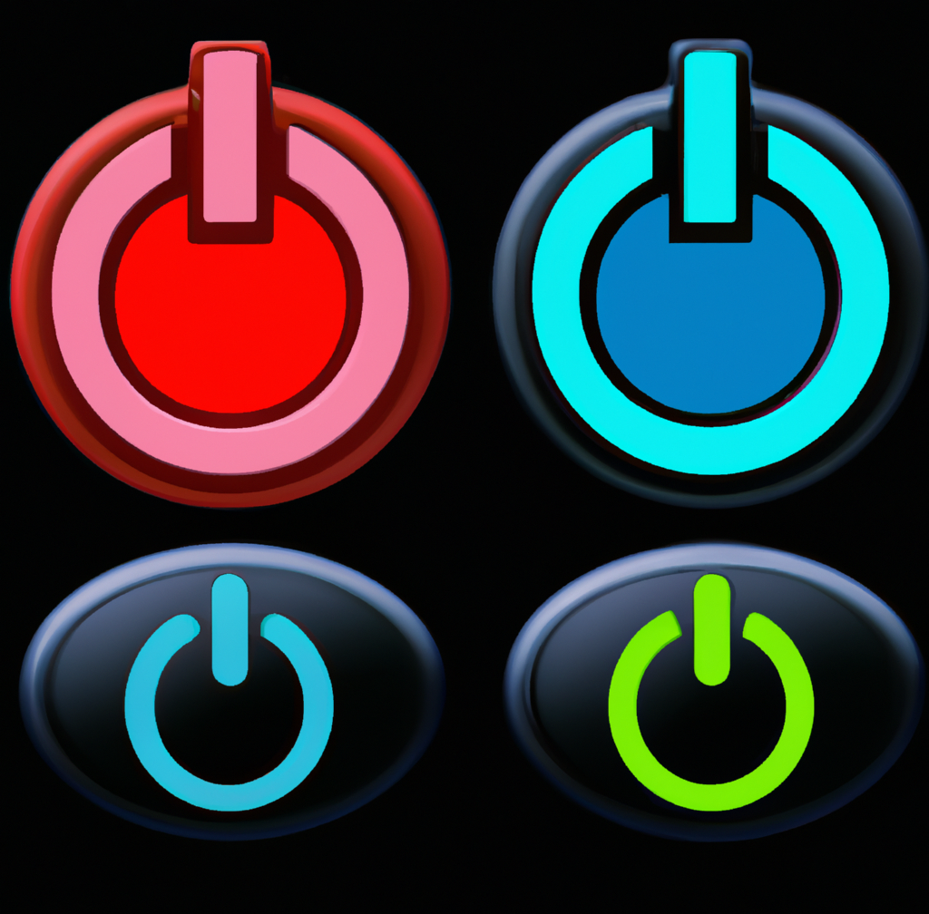 DALL·E 2023 09 05 16.17.35 CyberPunk Power Buttons. ON and OFF. with Computers everywhere