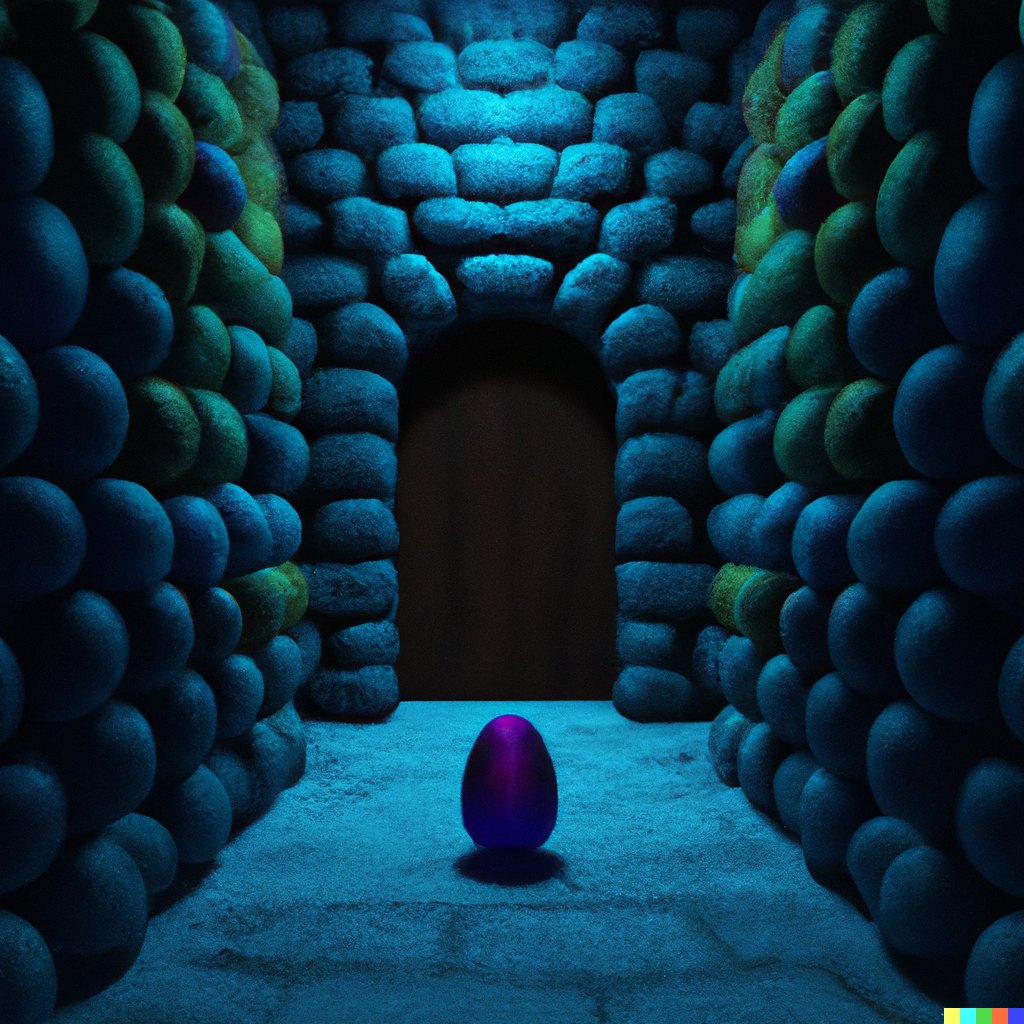 DALL·E 2023 09 05 19.37.31 a HAll of Suffering Souls in an Evil Blue Dungeon with one bright colored easter egg