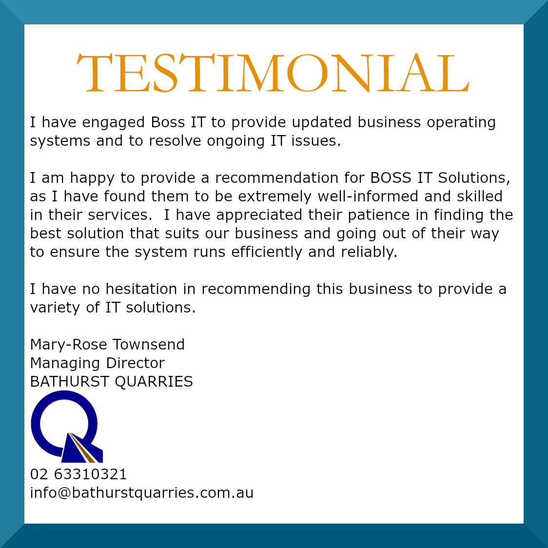 Testimonial BathurstQuarries