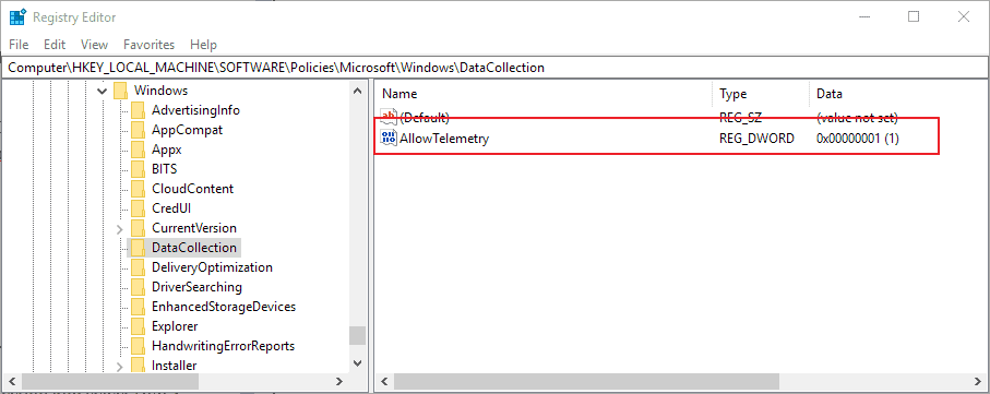 windows 10 set telemetry level registry 1827790595